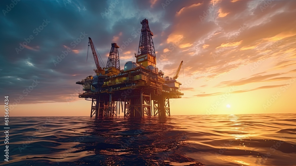 Large Offshore oil rig drilling platform at sunset and beautiful sky. Generative Ai