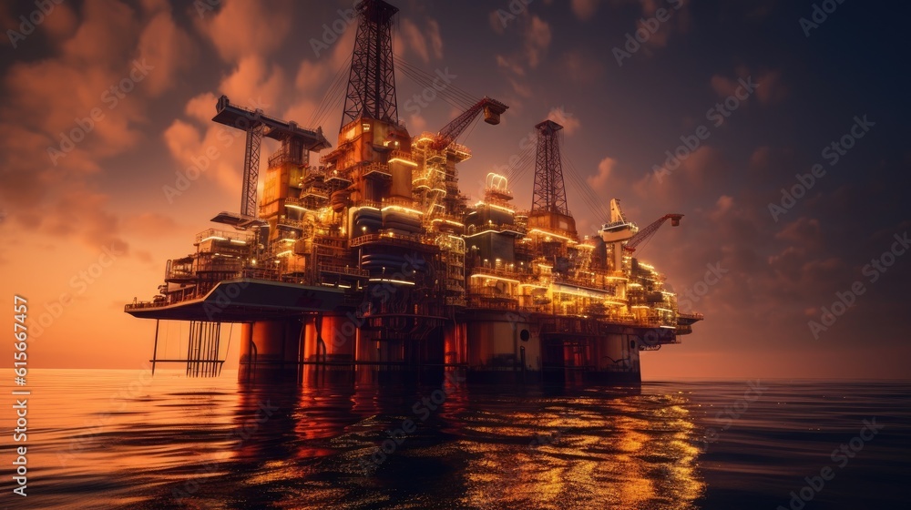 Large Offshore oil rig drilling platform at sunset and beautiful sky. Generative Ai