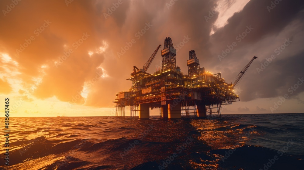 Large Offshore oil rig drilling platform at sunset and beautiful sky. Generative Ai