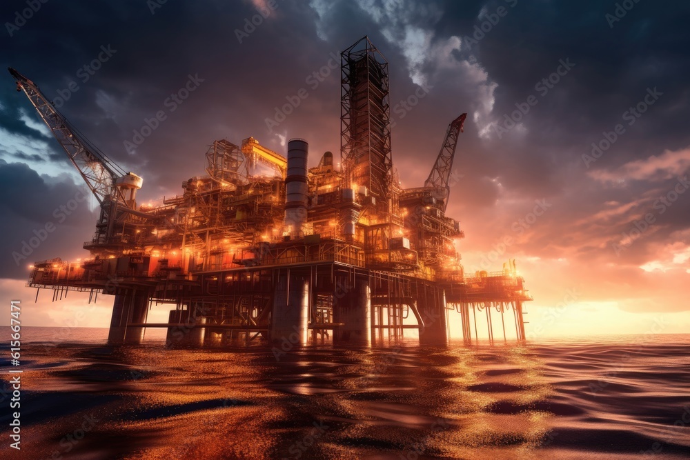 Large Offshore oil rig drilling platform at sunset and beautiful sky. Generative Ai