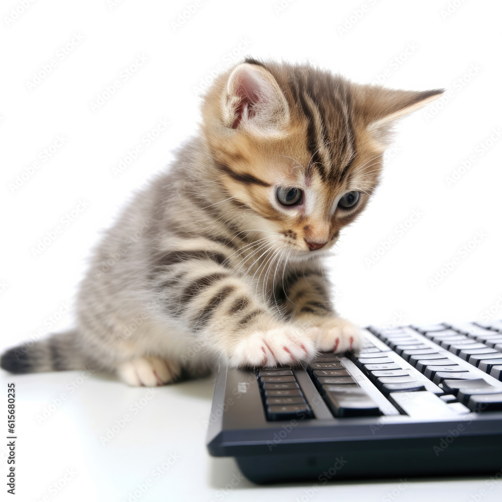 A Domestic Kitten (Felis catus) pawing at a computer keyboard