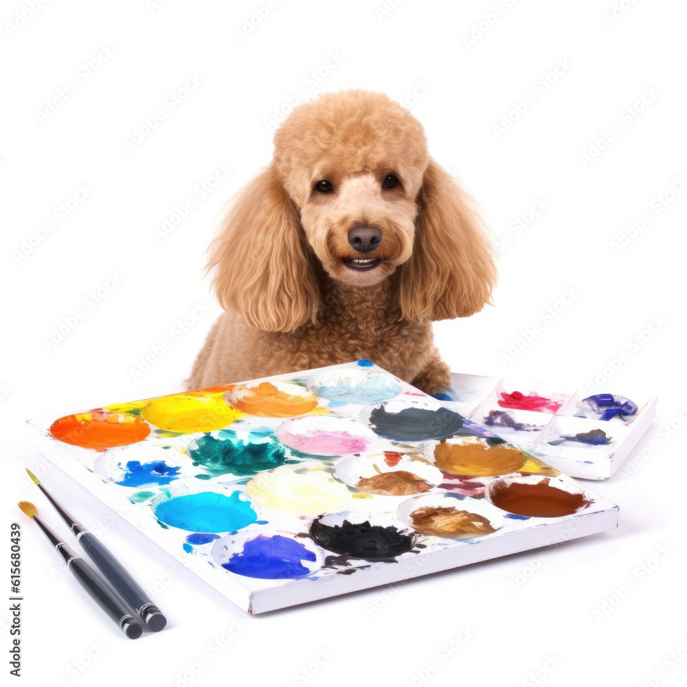 A Poodle (Canis lupus familiaris) with an artists palette and paintbrush