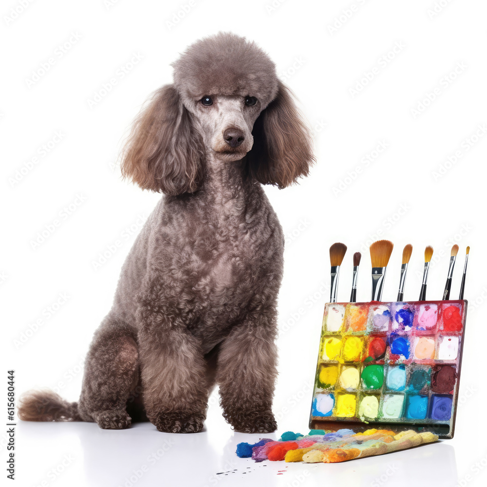 A Poodle (Canis lupus familiaris) with an artists palette and paintbrush