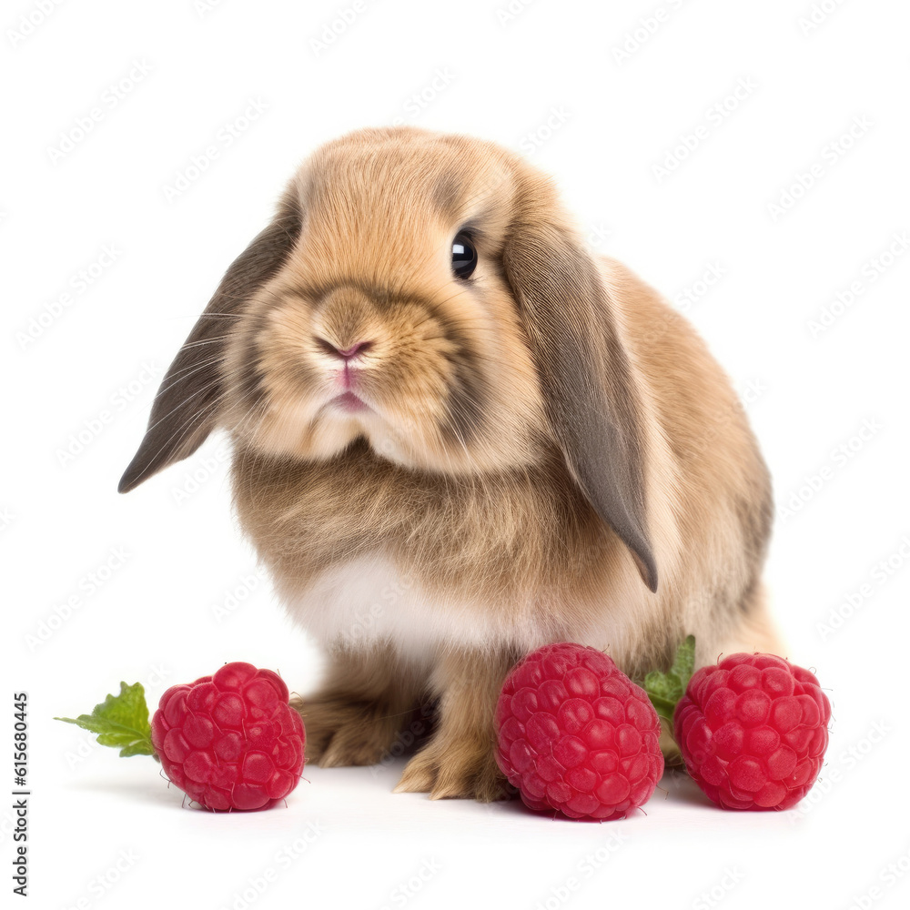 A Holland Lop Rabbit (Oryctolagus cuniculus) with a raspberry on its head