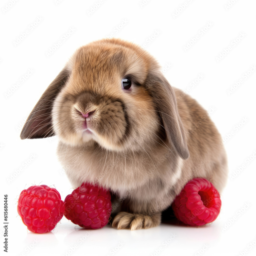 A Holland Lop Rabbit (Oryctolagus cuniculus) with a raspberry on its head