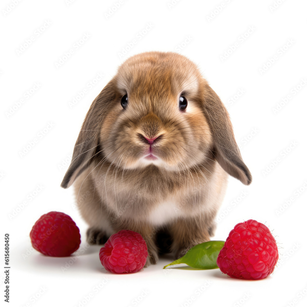 A Holland Lop Rabbit (Oryctolagus cuniculus) with a raspberry on its head