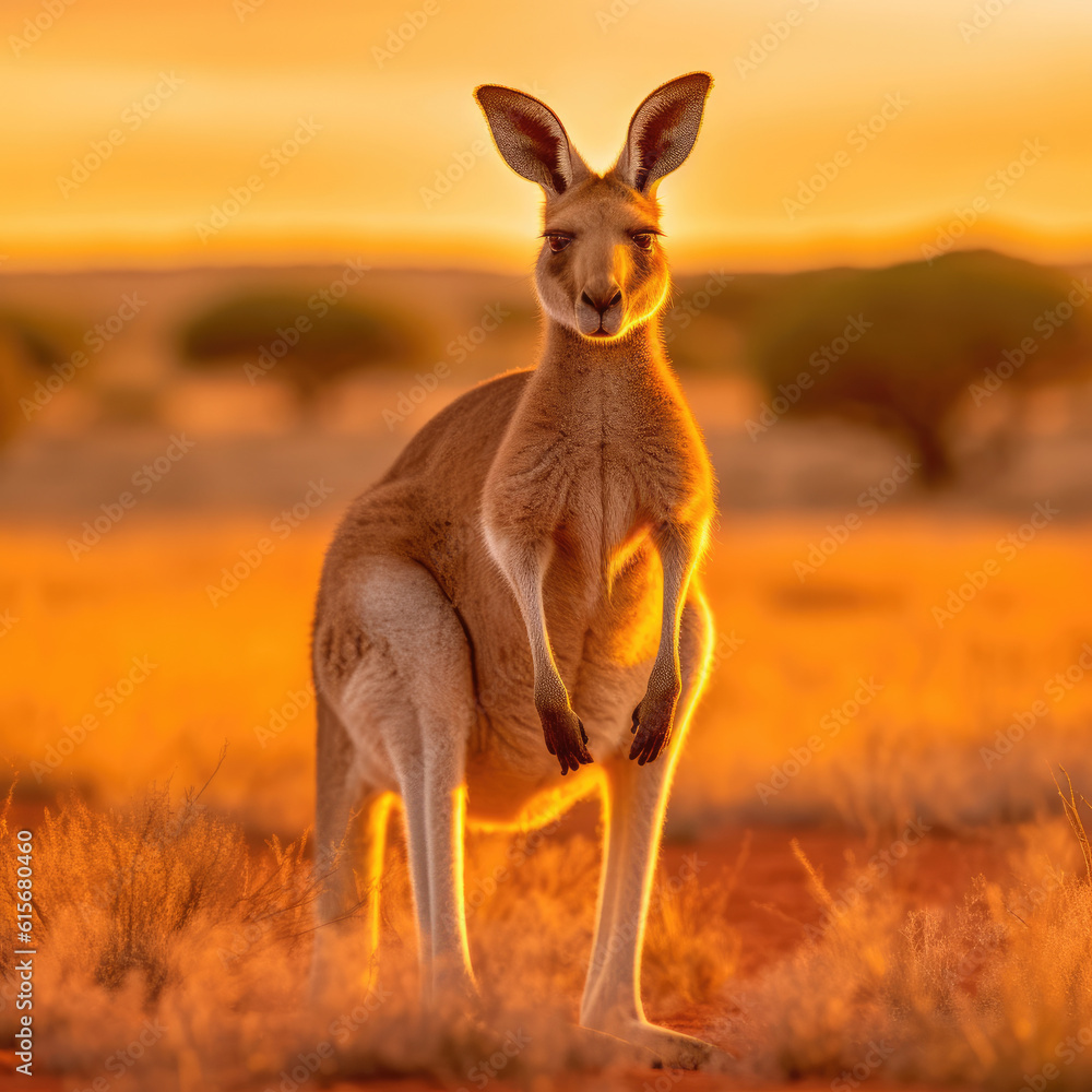 A Kangaroo (Macropus rufus) at sunset in the outback