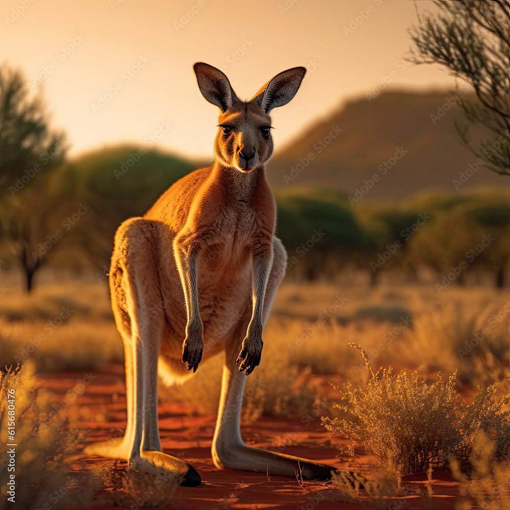 A Kangaroo (Macropus rufus) at sunset in the outback