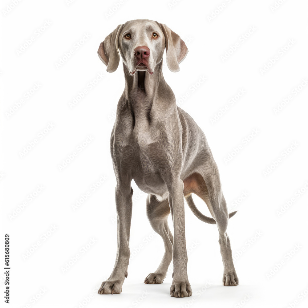 A full body shot of an elegant Weimaraner (Canis lupus familiaris)