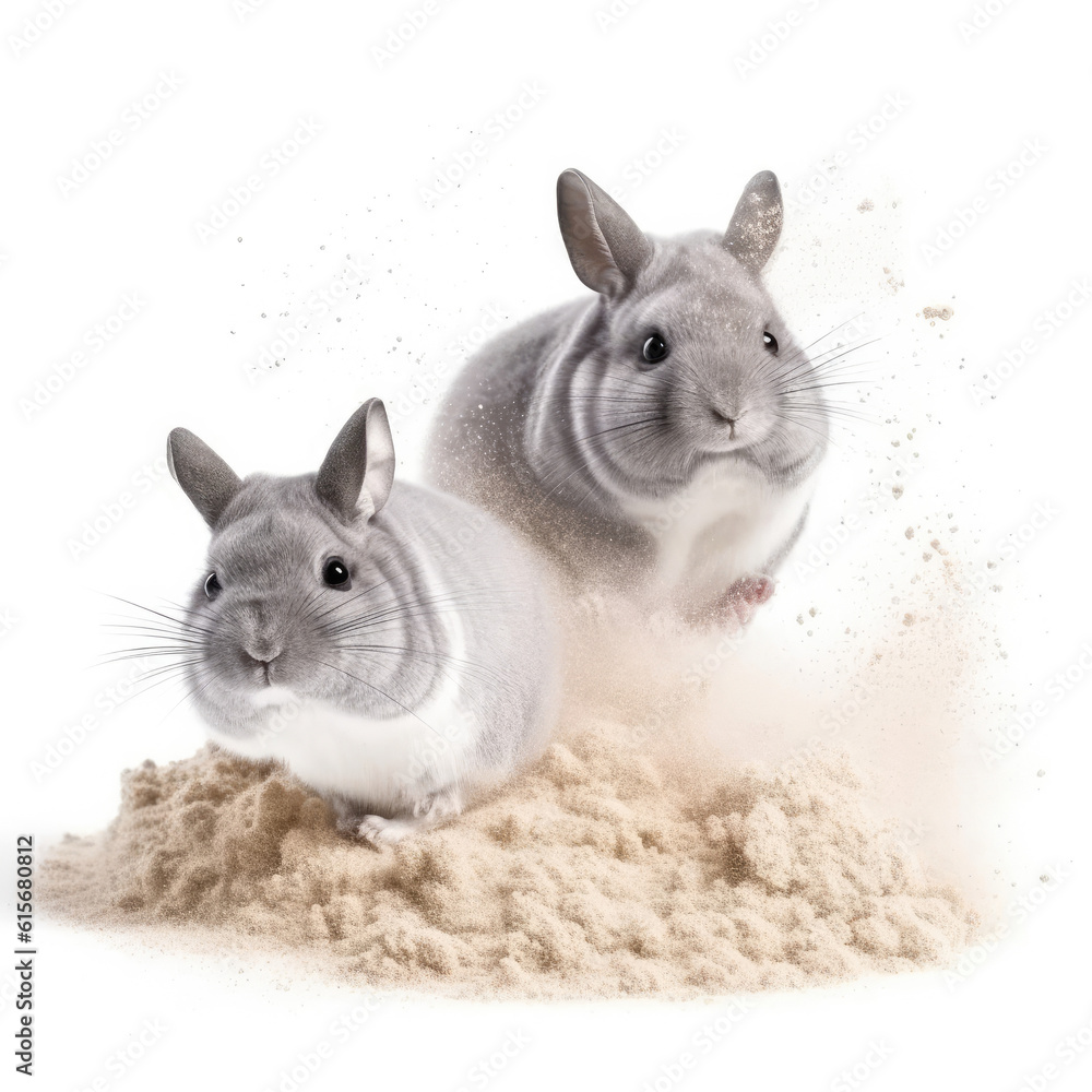 Two Chinchillas (Chinchilla lanigera) with a dust bath