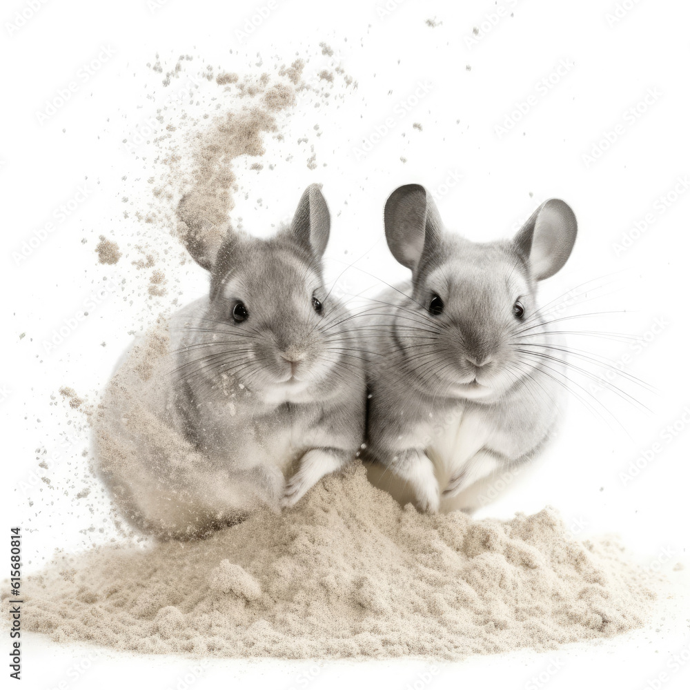 Two Chinchillas (Chinchilla lanigera) with a dust bath