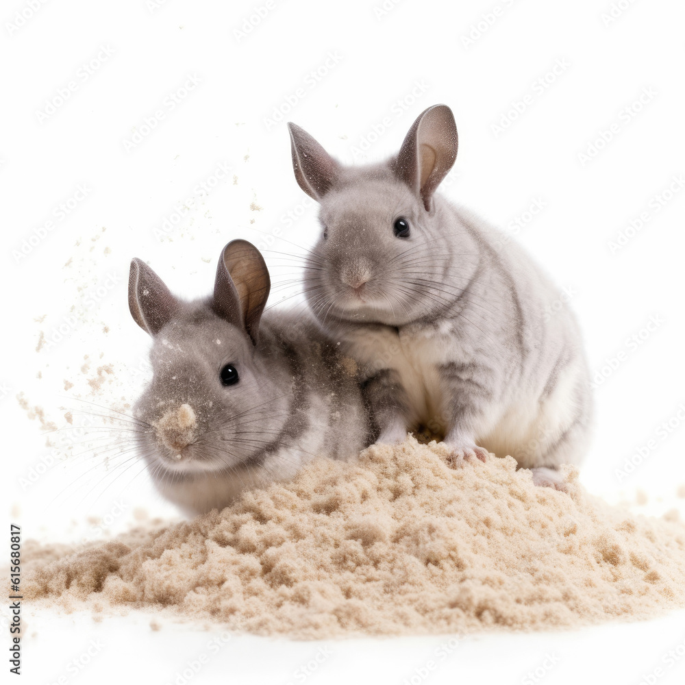 Two Chinchillas (Chinchilla lanigera) with a dust bath