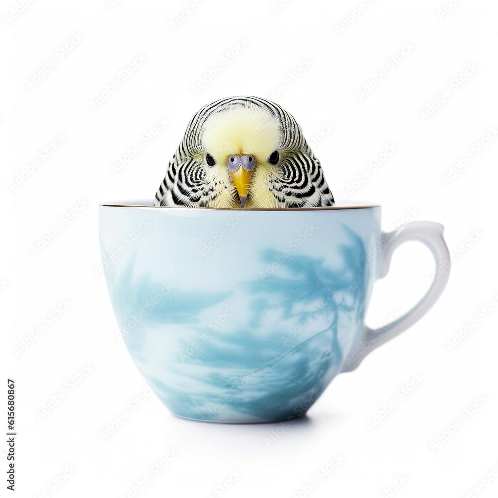 A Budgerigar (Melopsittacus undulatus) peeking out of a teacup