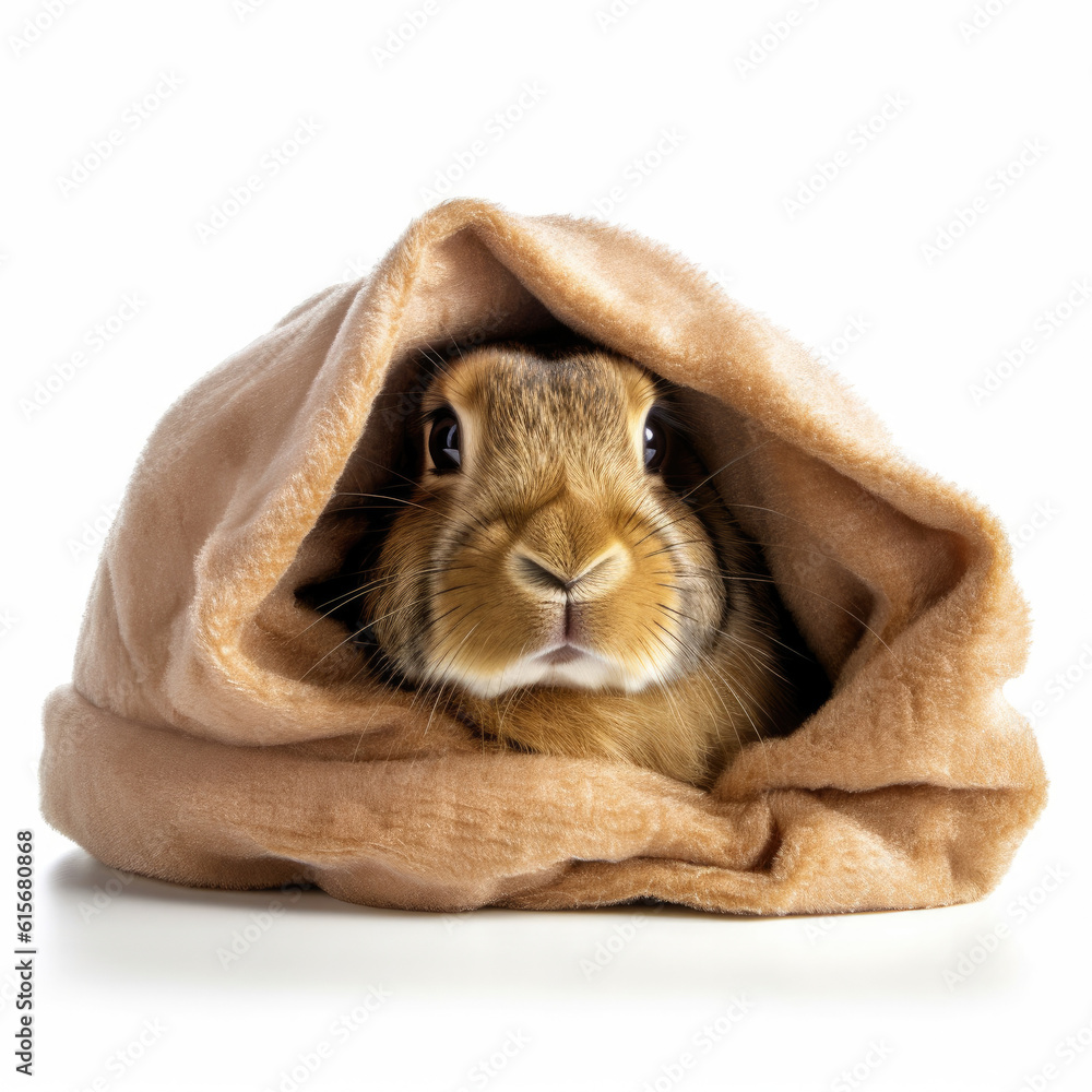 A Flemish Giant Rabbit (Oryctolagus cuniculus) burrowing in a blanket