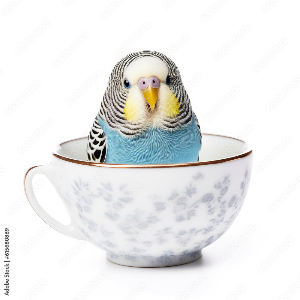 A Budgerigar (Melopsittacus undulatus) peeking out of a teacup