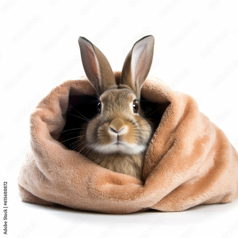 A Flemish Giant Rabbit (Oryctolagus cuniculus) burrowing in a blanket