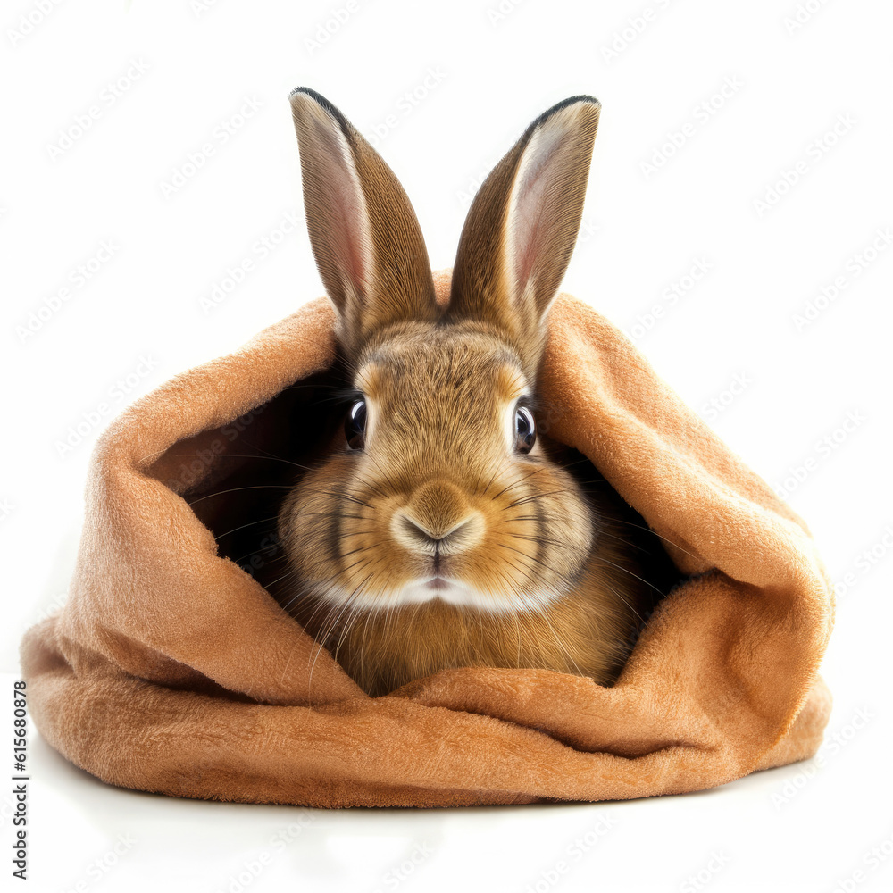 A Flemish Giant Rabbit (Oryctolagus cuniculus) burrowing in a blanket