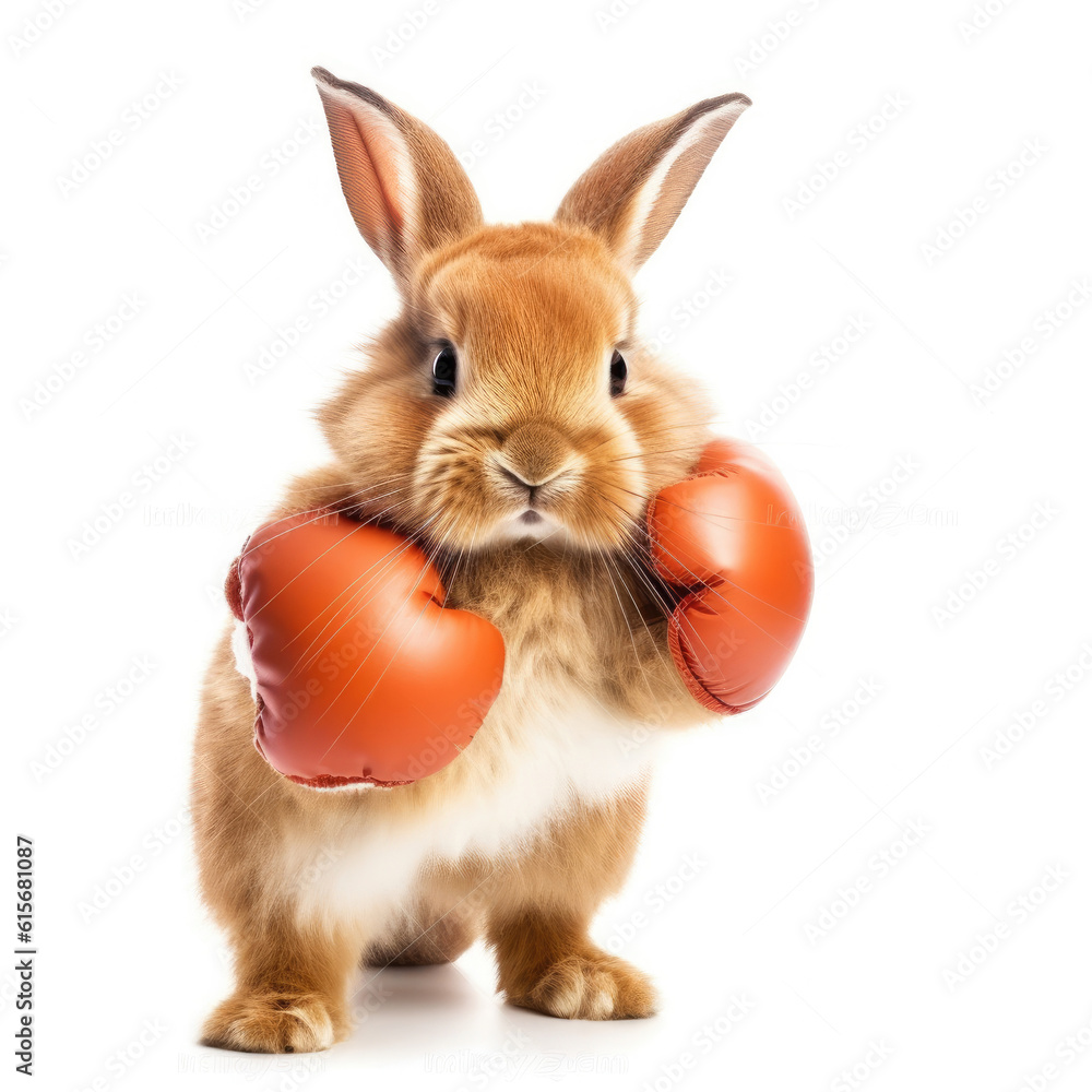 A Lionhead Rabbit (Oryctolagus cuniculus) boxing with a toy rabbit