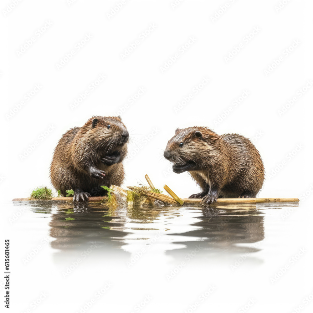 Two Beavers (Castor fiber) building a dam