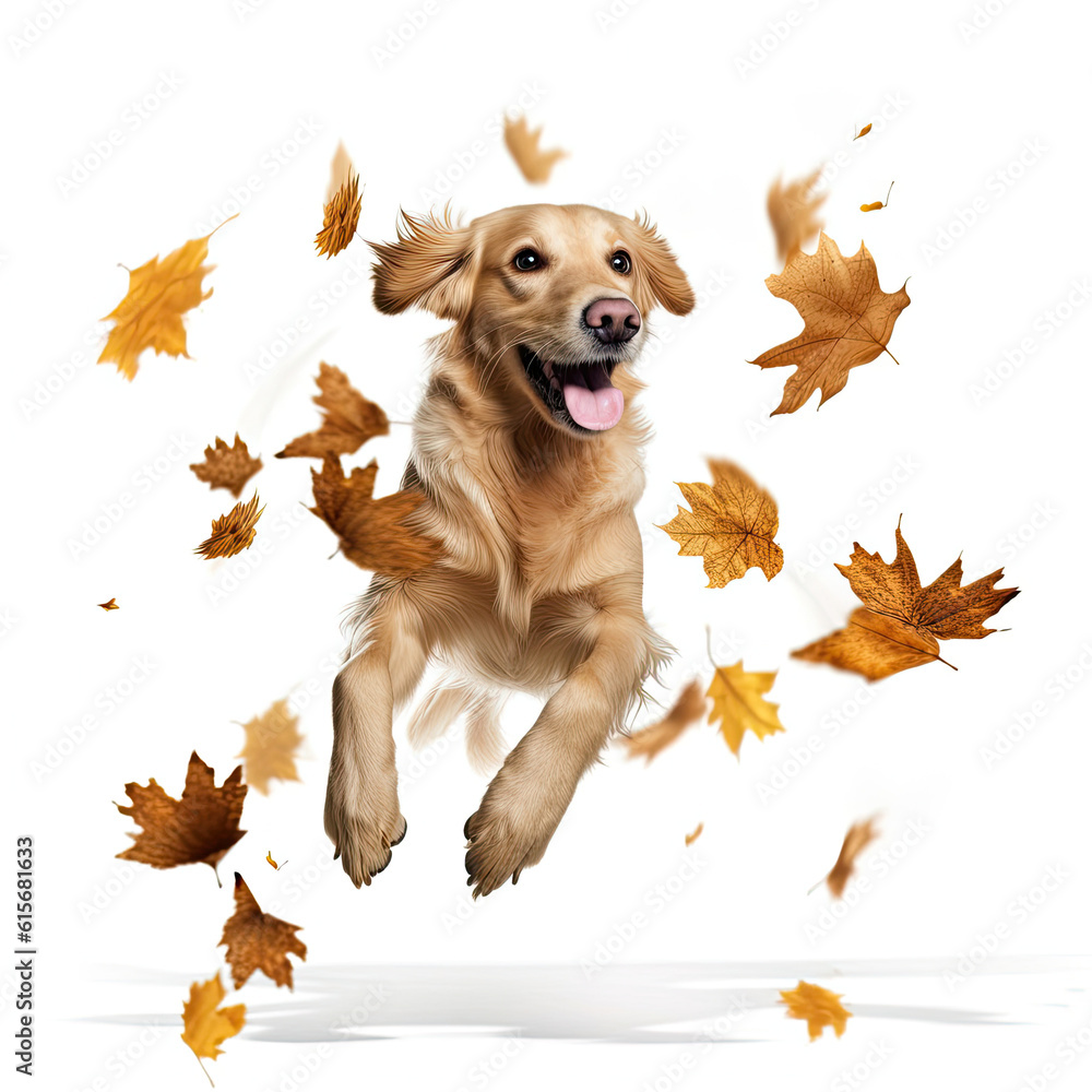 A Golden Retriever (Canis lupus familiaris) diving into a pile of leaves