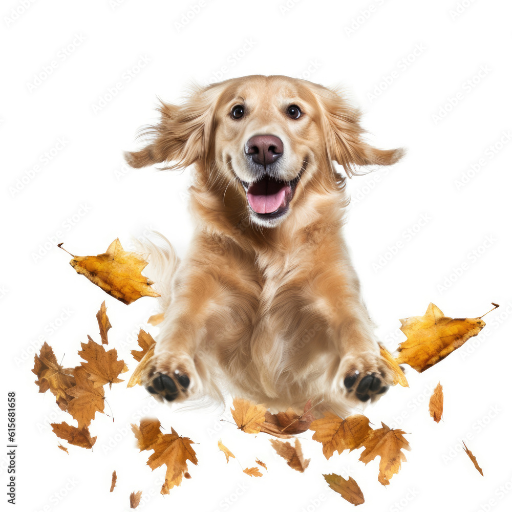 A Golden Retriever (Canis lupus familiaris) diving into a pile of leaves