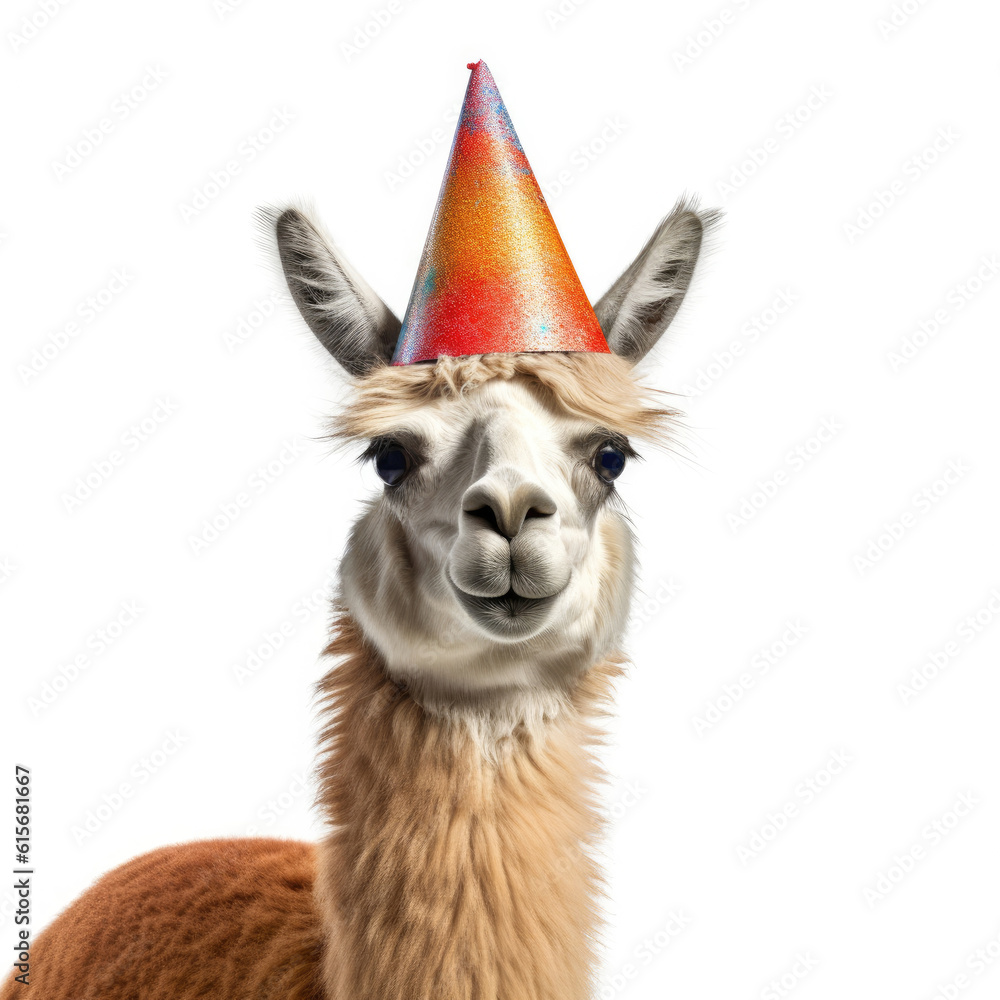 A Llama (Lama glama) with a birthday hat