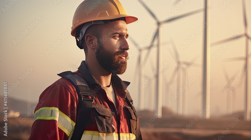 An Engineer working at alternative renewable wind energy farm. Generative Ai