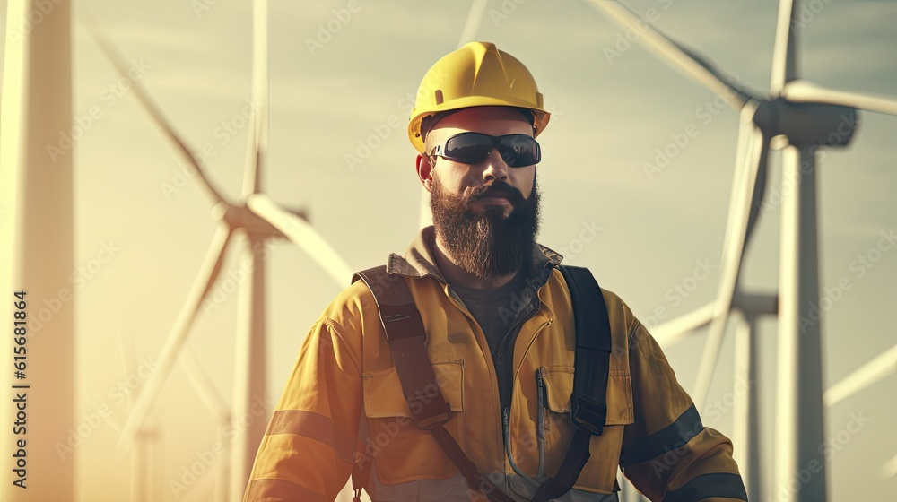 An Engineer working at alternative renewable wind energy farm. Generative Ai