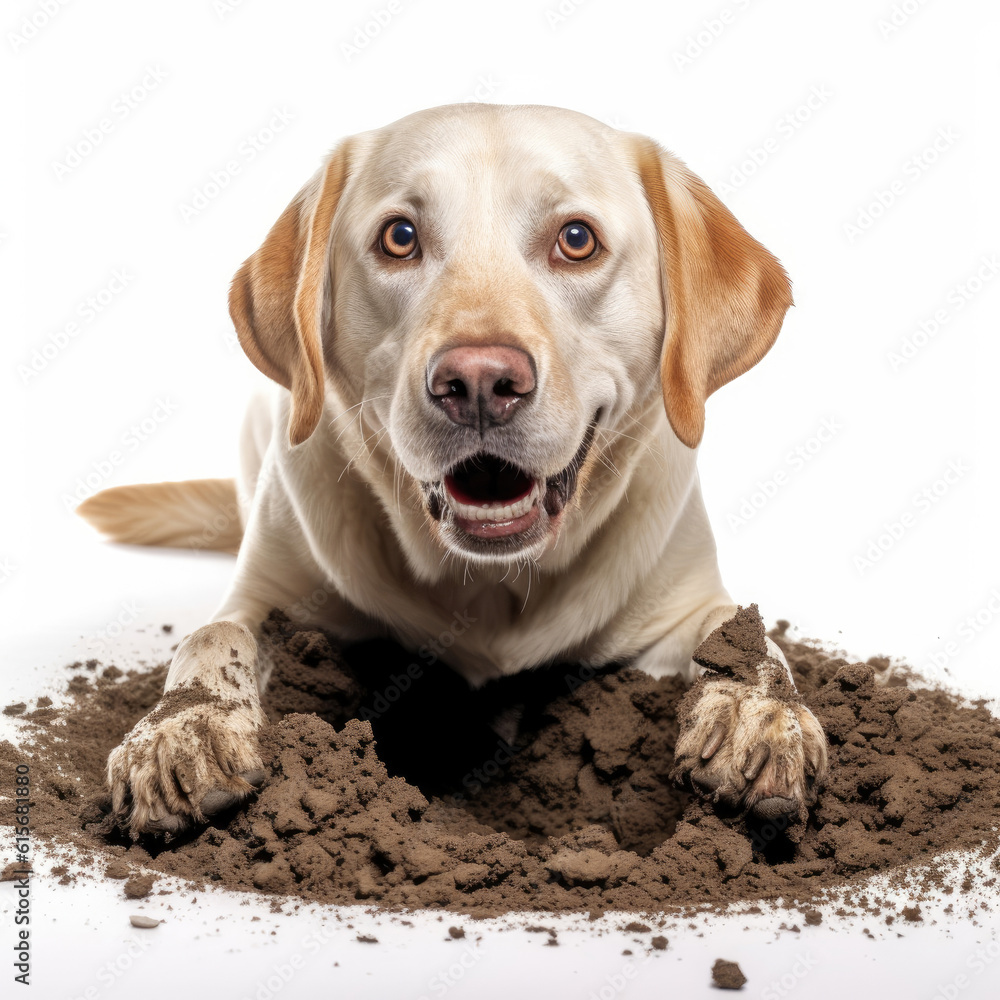 A Labrador Retriever (Canis lupus familiaris) digging a hole