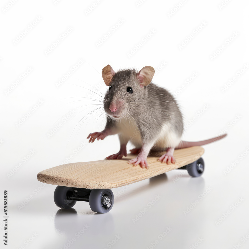 A Pet Rat (Rattus norvegicus domestica) riding a mini skateboard