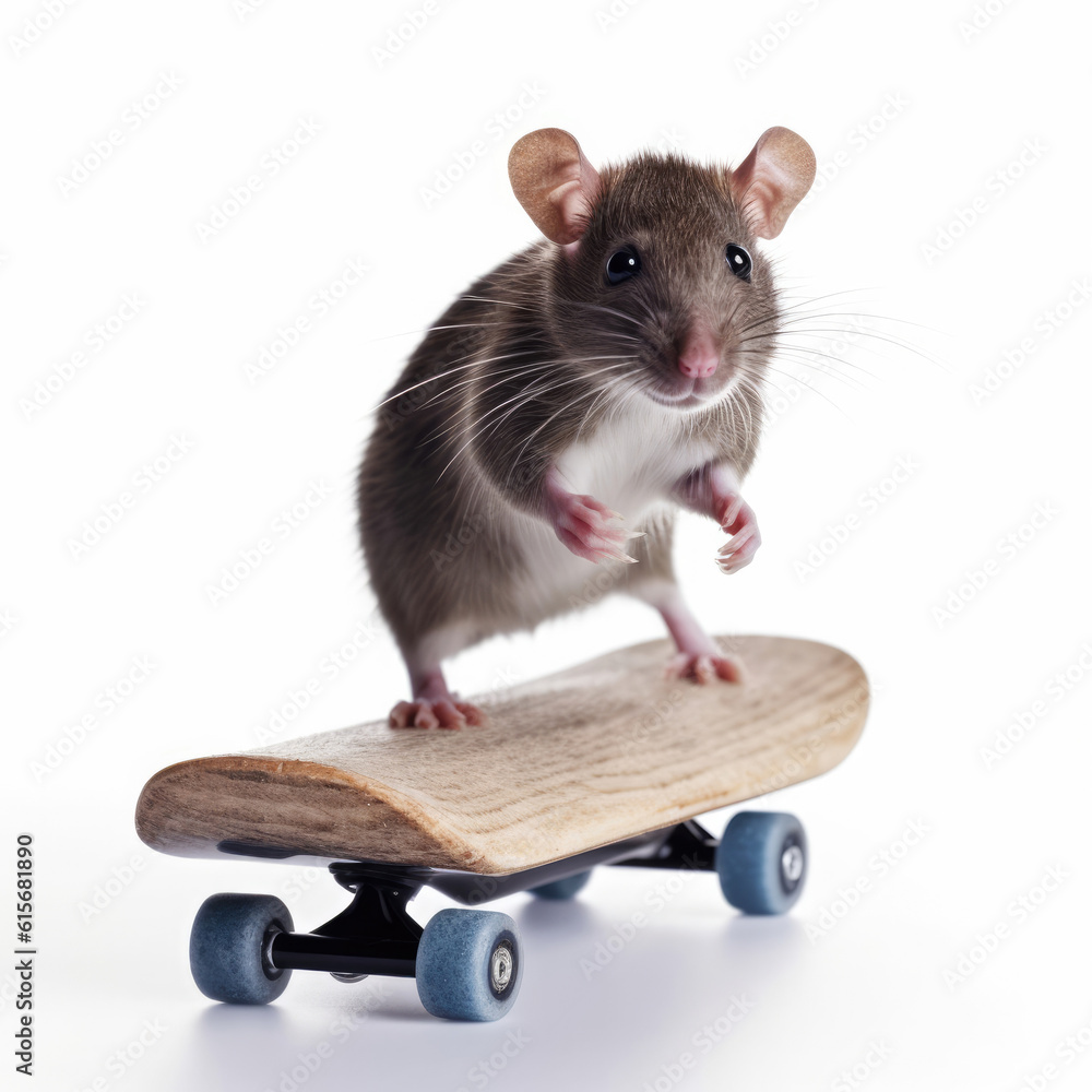 A Pet Rat (Rattus norvegicus domestica) riding a mini skateboard