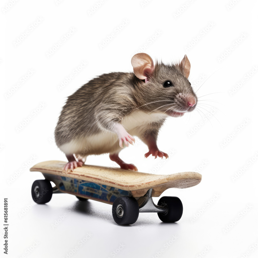 A Pet Rat (Rattus norvegicus domestica) riding a mini skateboard