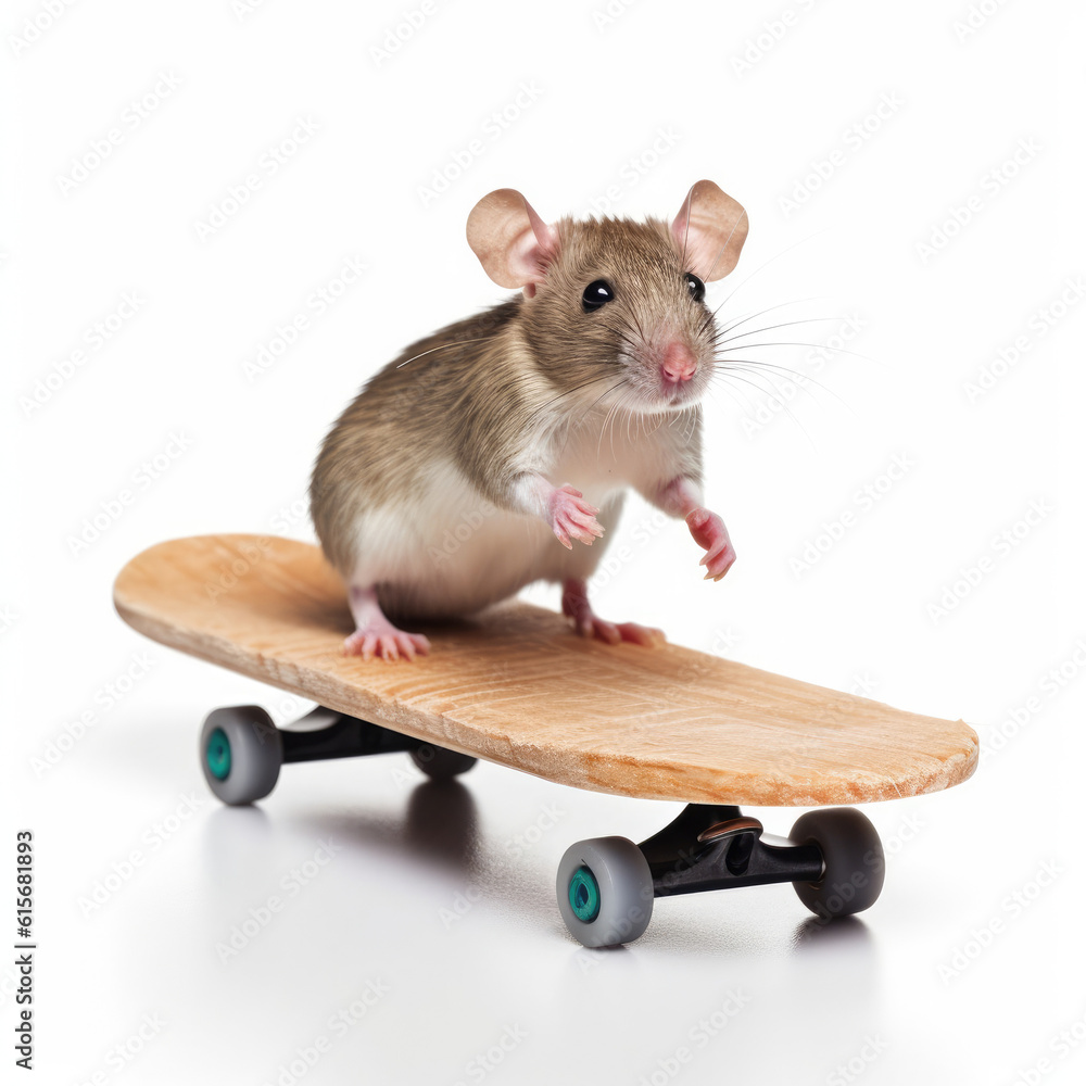 A Pet Rat (Rattus norvegicus domestica) riding a mini skateboard