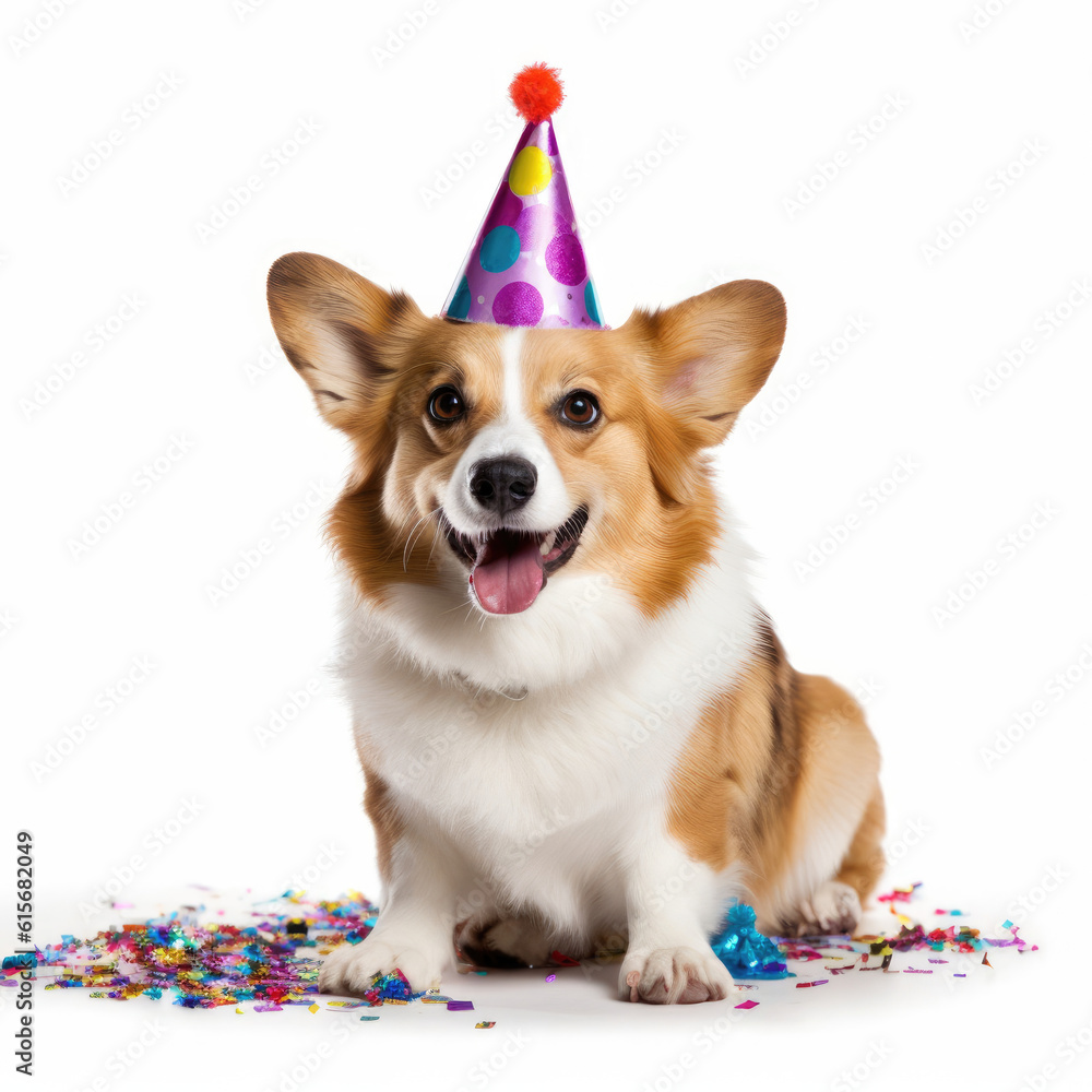 A Corgi (Canis lupus familiaris) with a party hat and confetti