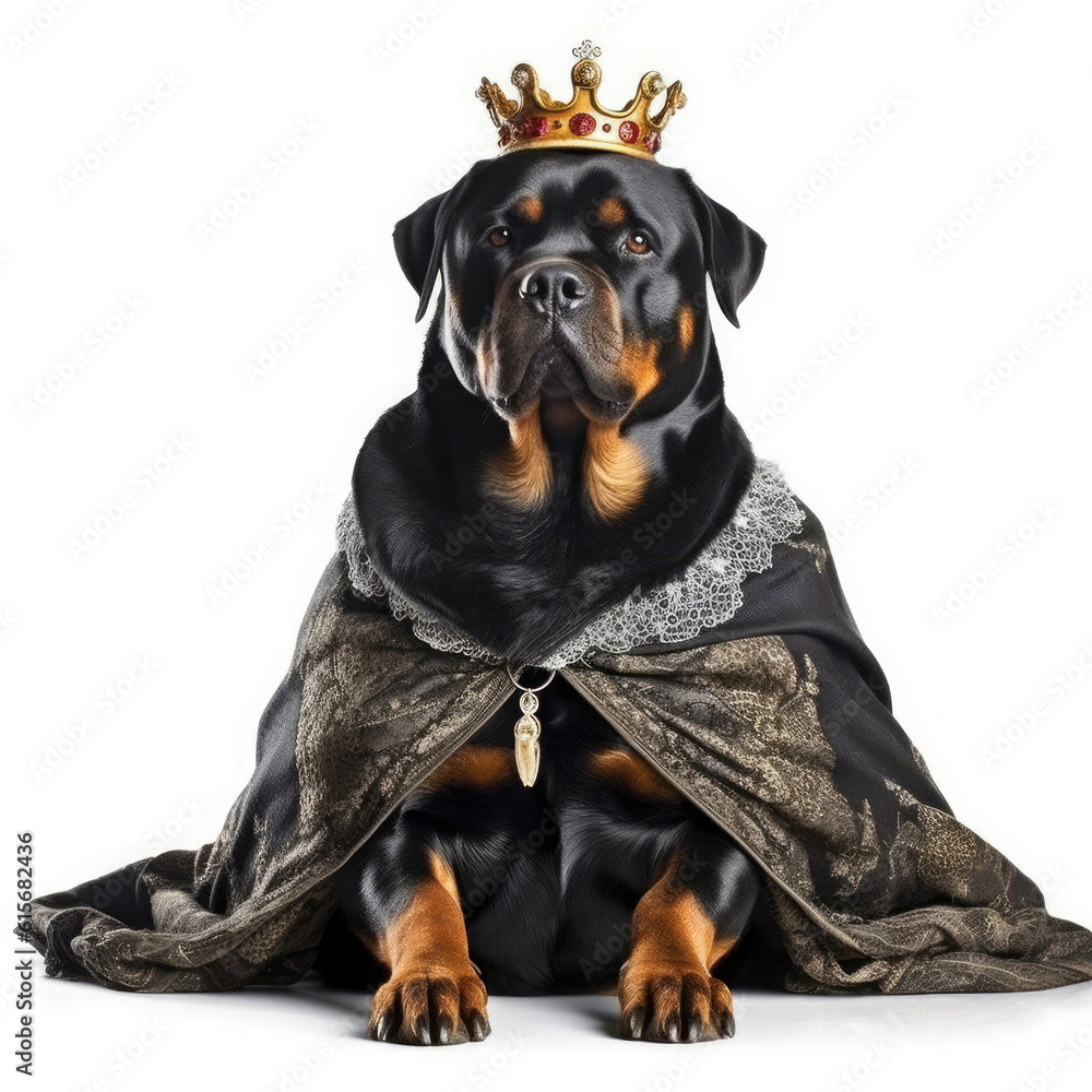 A Rottweiler (Canis lupus familiaris) in a kings robe and crown