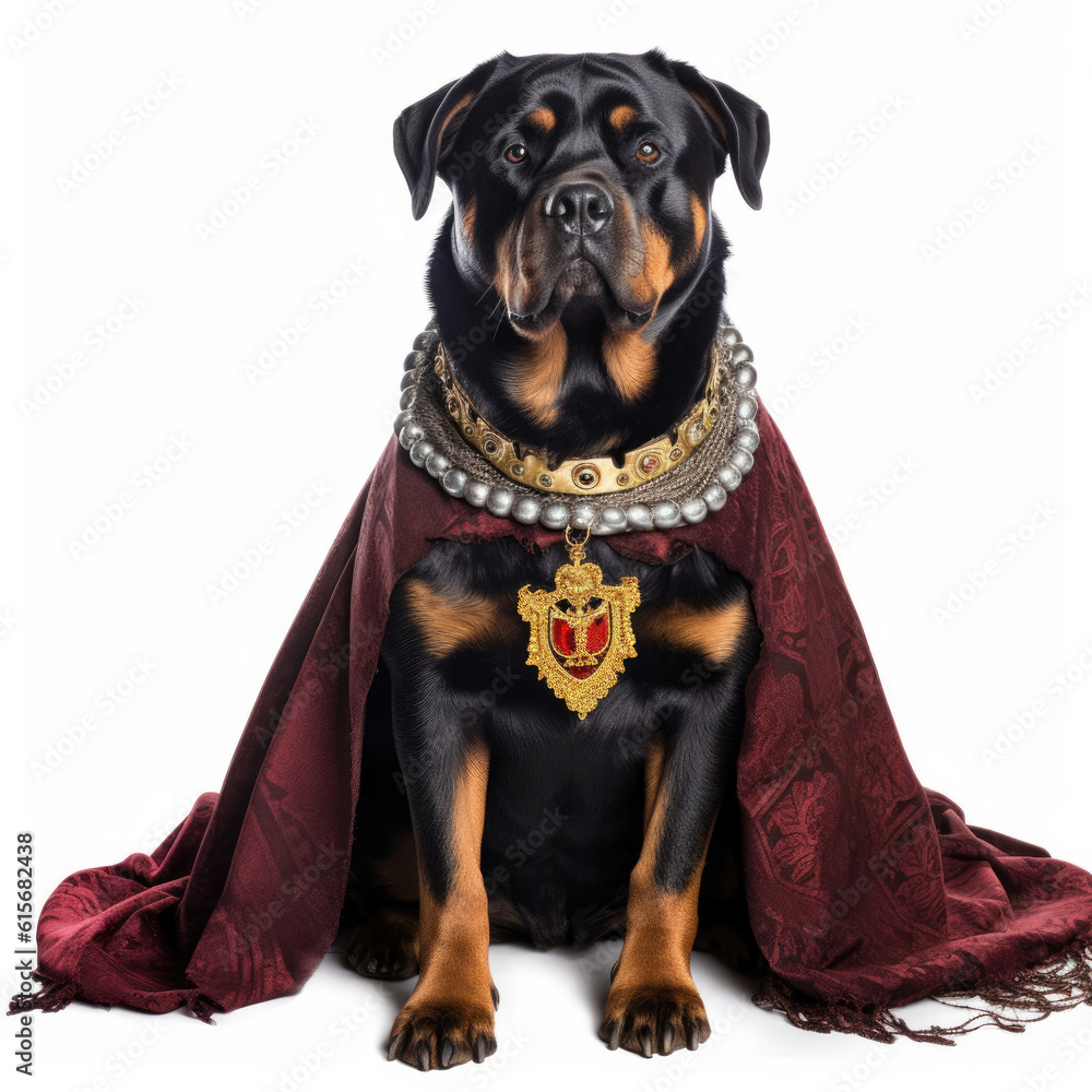 A Rottweiler (Canis lupus familiaris) in a kings robe and crown