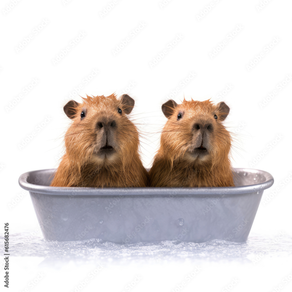 Two Capybaras (Hydrochoerus hydrochaeris) enjoying a bath