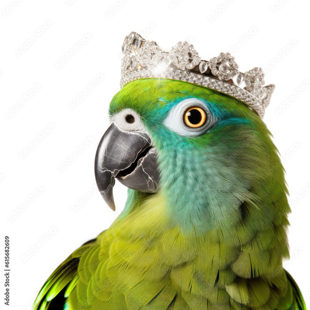 A Parrot (Psittacus erithacus) wearing a diamond tiara