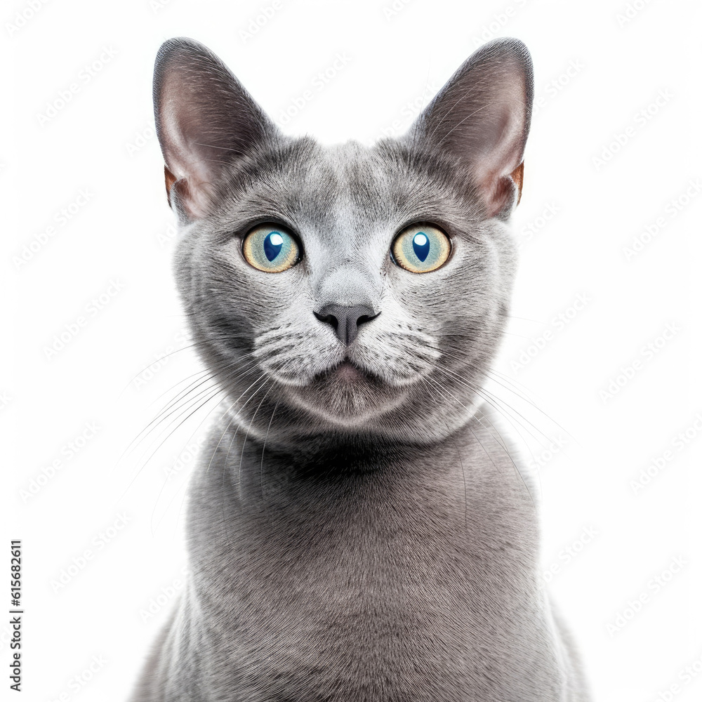 Russian Blue cat (Felis catus) with mischievous grin