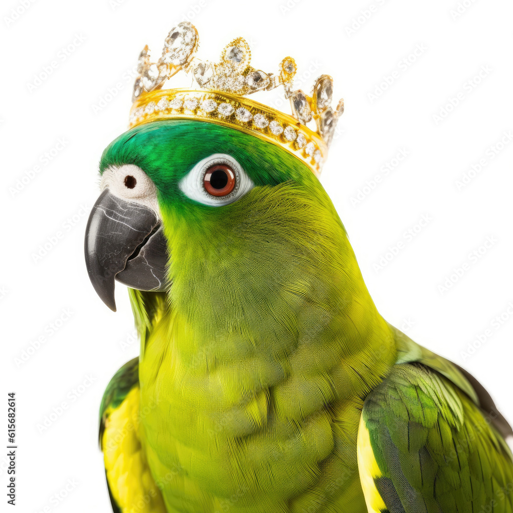 A Parrot (Psittacus erithacus) wearing a diamond tiara