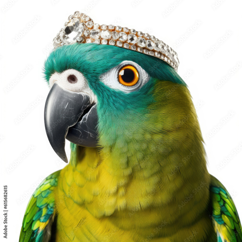 A Parrot (Psittacus erithacus) wearing a diamond tiara