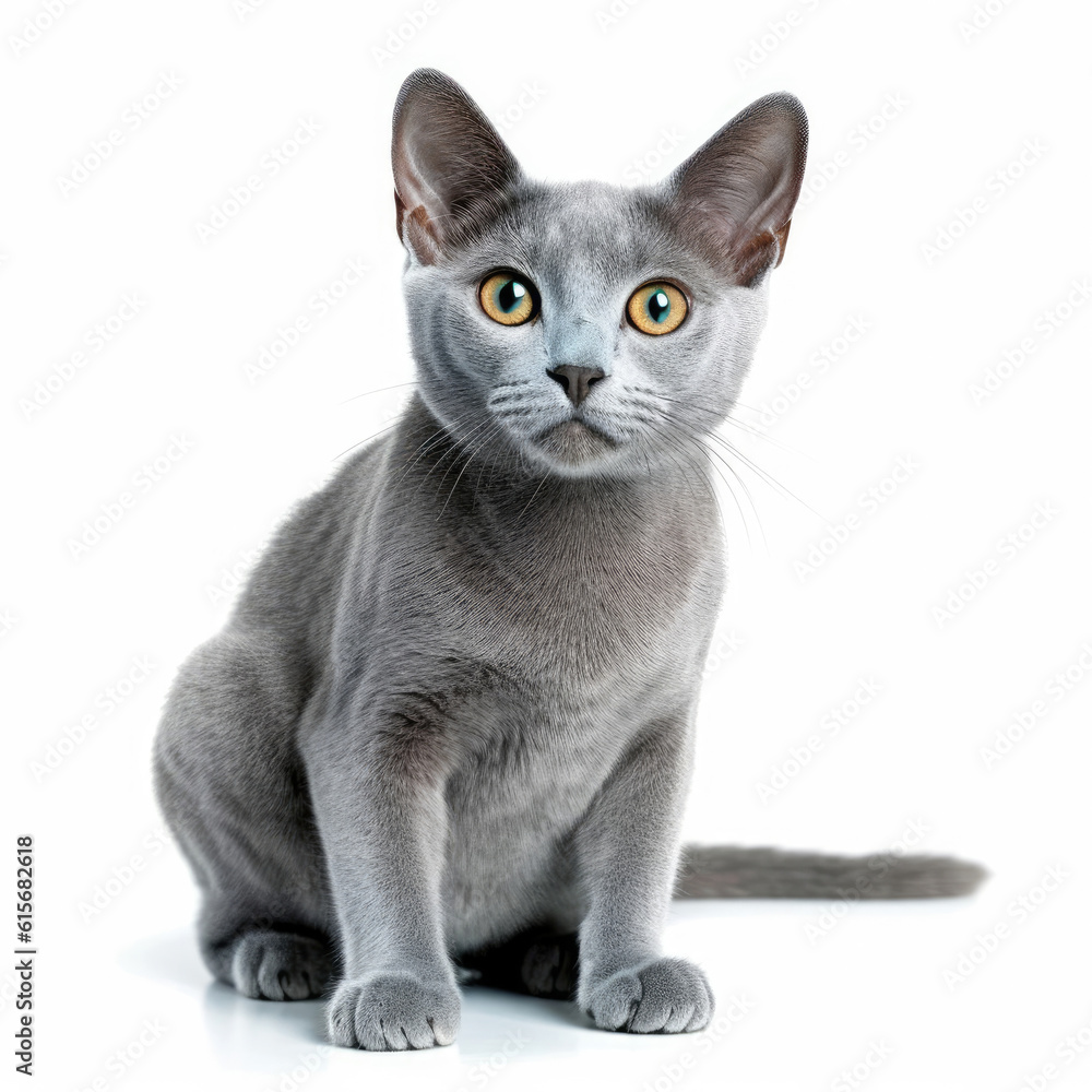 Russian Blue cat (Felis catus) with mischievous grin