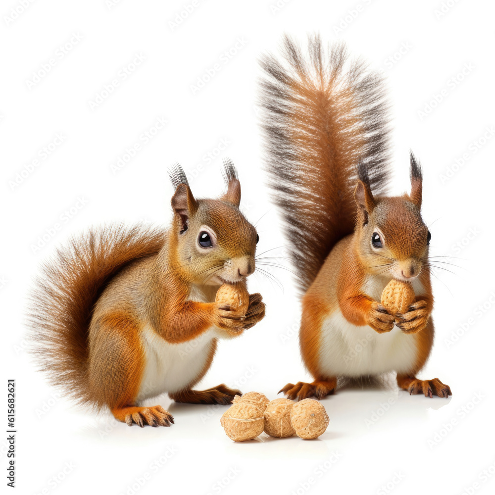 Two Squirrels (Sciurus carolinensis) collecting nuts