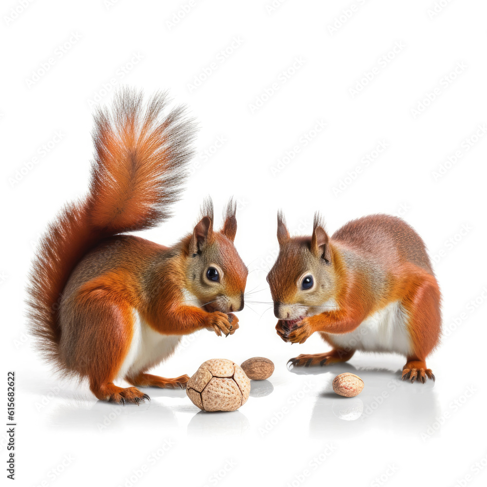 Two Squirrels (Sciurus carolinensis) collecting nuts