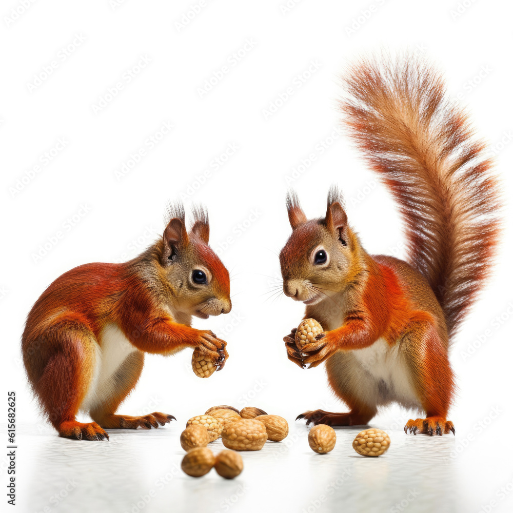 Two Squirrels (Sciurus carolinensis) collecting nuts