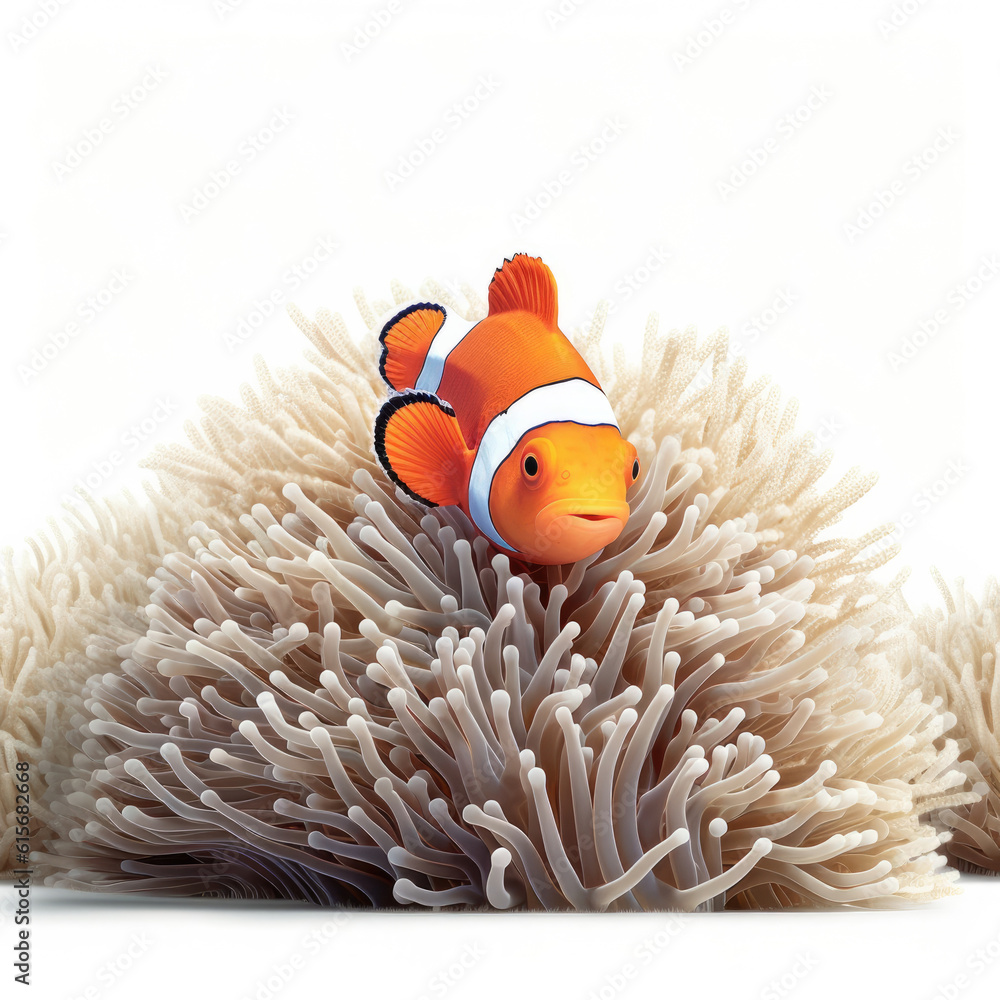 Clownfish (Amphiprioninae) peeking from behind coral reef