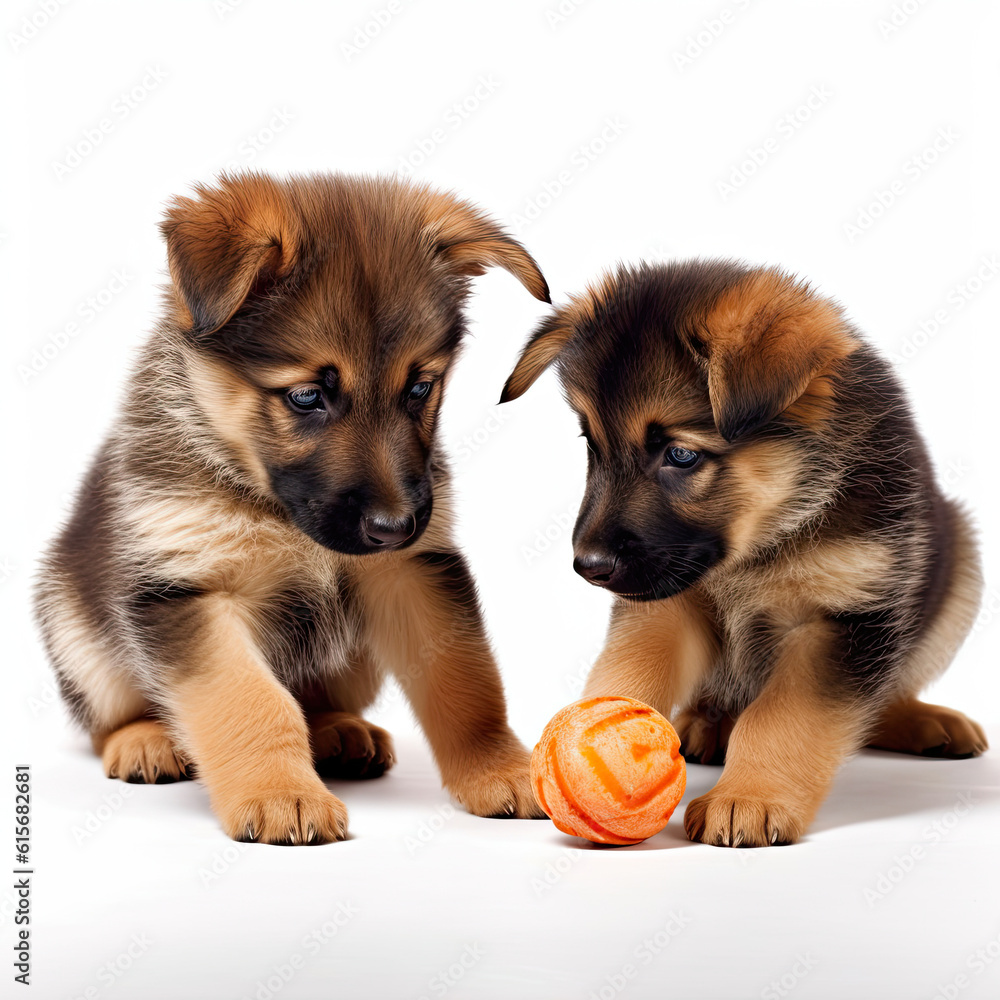 Two Puppies (Canis lupus familiaris) playing with a toy