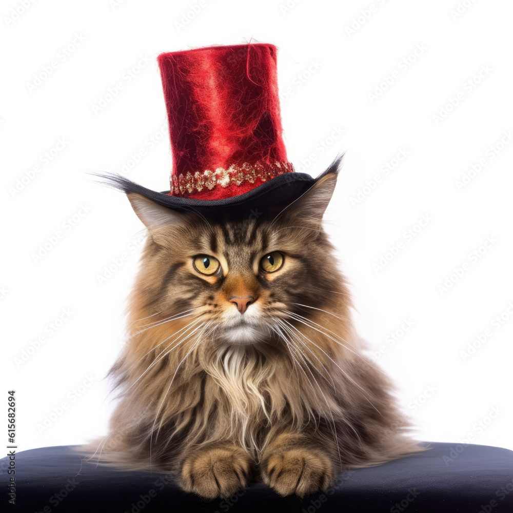 A Maine Coon (Felis catus) with a magicians hat and wand