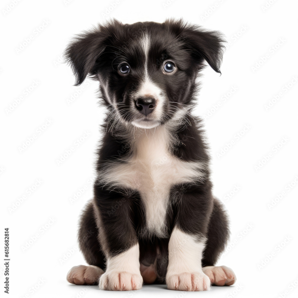 A full body shot of a curious Border Collie puppy (Canis lupus familiaris)