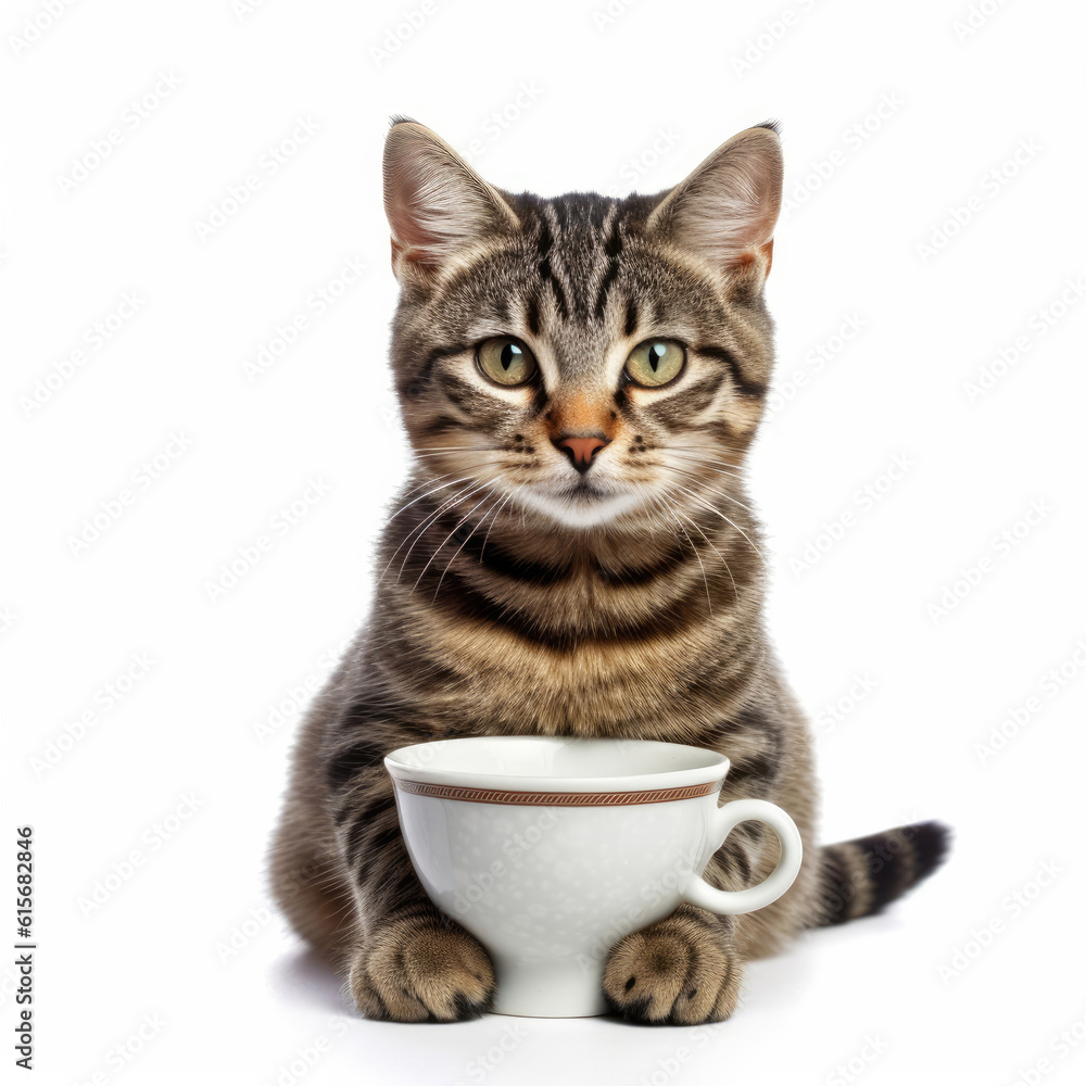 A Tabby Cat (Felis catus) with a tea cup